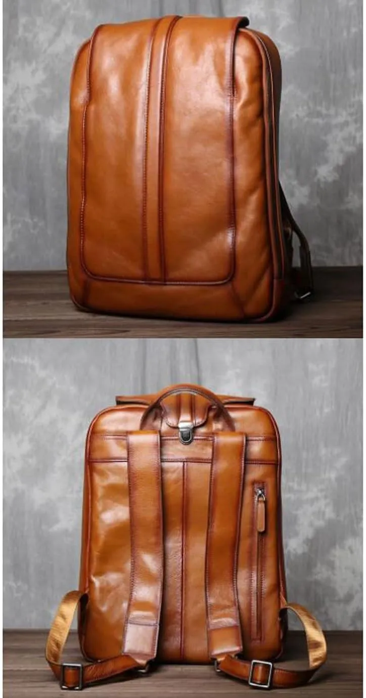 Mens Backpacks Genuine Leather Laptop Bags Casual Daypack Luggage Travel Bags Computers Bags Briefcases 15.7Inch(Brown)