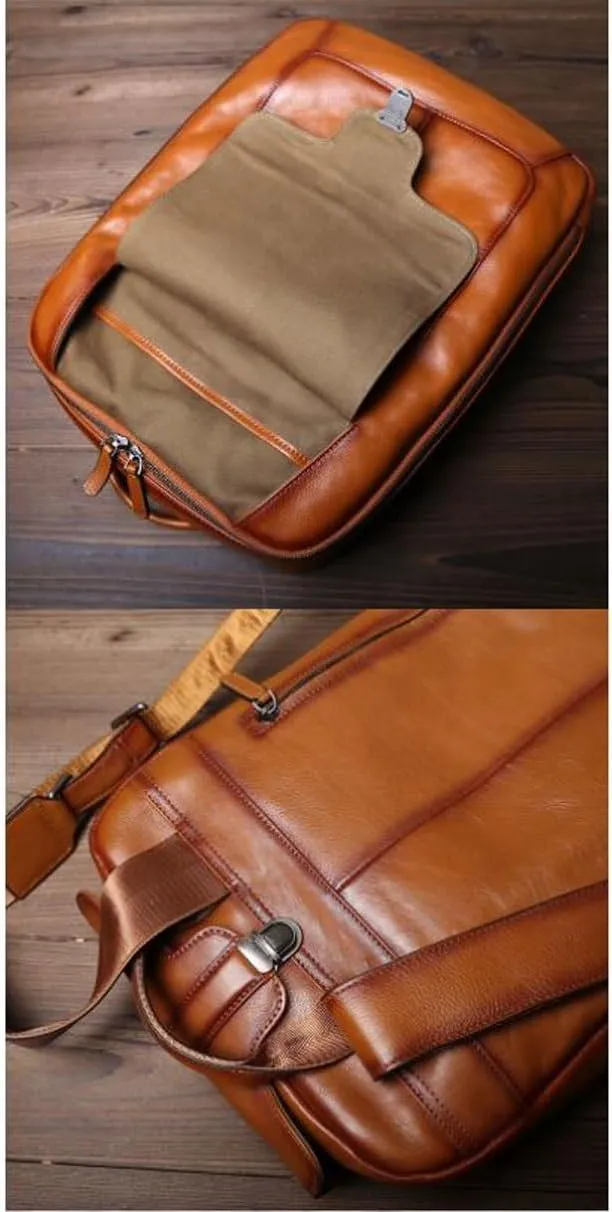 Mens Backpacks Genuine Leather Laptop Bags Casual Daypack Luggage Travel Bags Computers Bags Briefcases 15.7Inch(Brown)