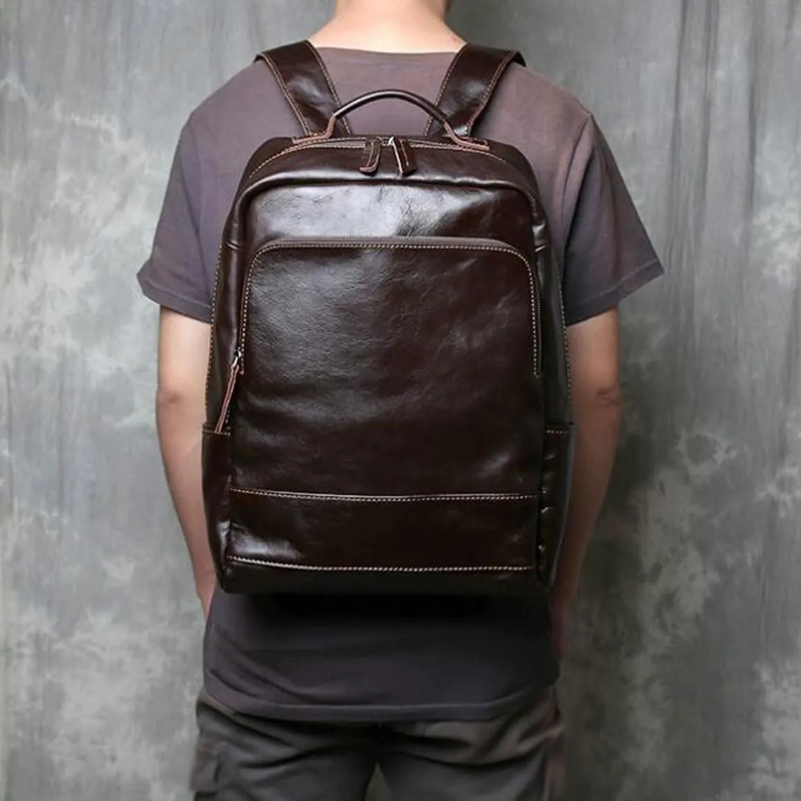 Mens Backpacks Genuine Leather Laptop Bags Computers Bags Luggage Travel Bags Casual Daypack Briefcases(Brown)