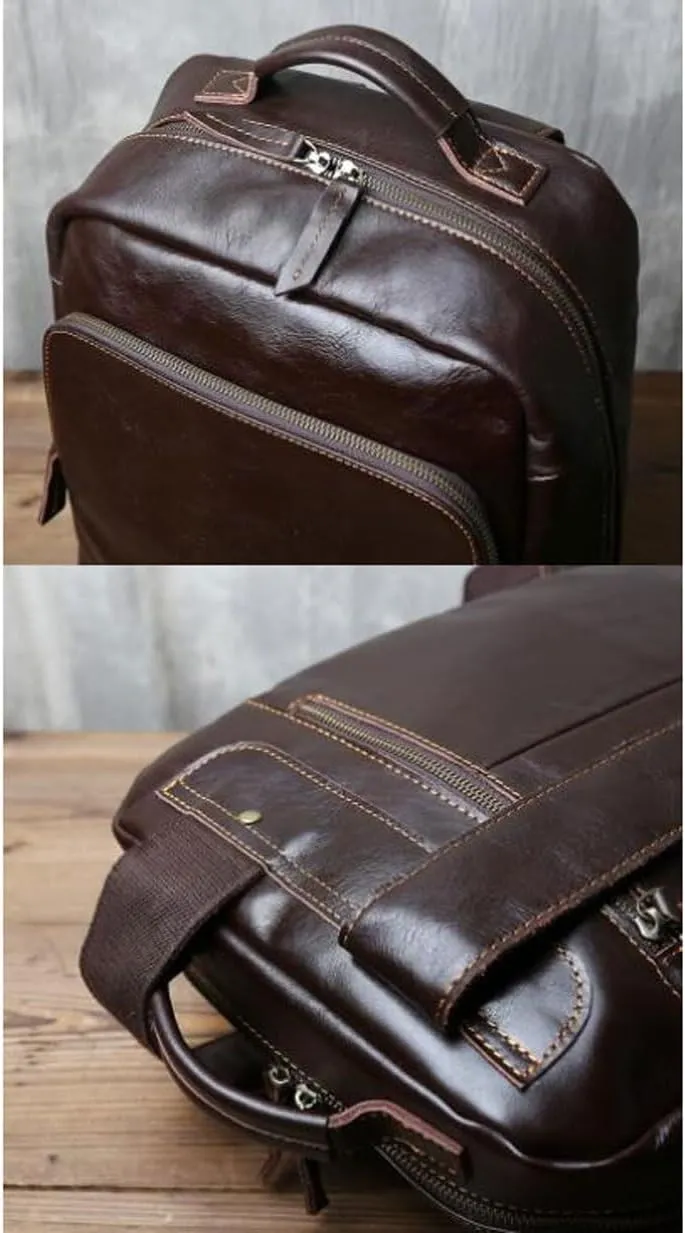 Mens Backpacks Genuine Leather Laptop Bags Computers Bags Luggage Travel Bags Casual Daypack Briefcases(Brown)