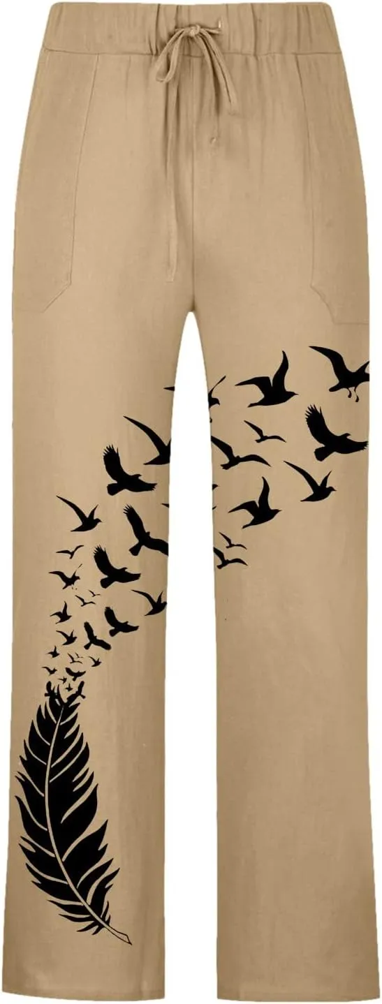 Men's Bird Print Japanese Pants Summer Beach Pants Feather Print Harem Pants Gym Running Workout Pants Streetwear