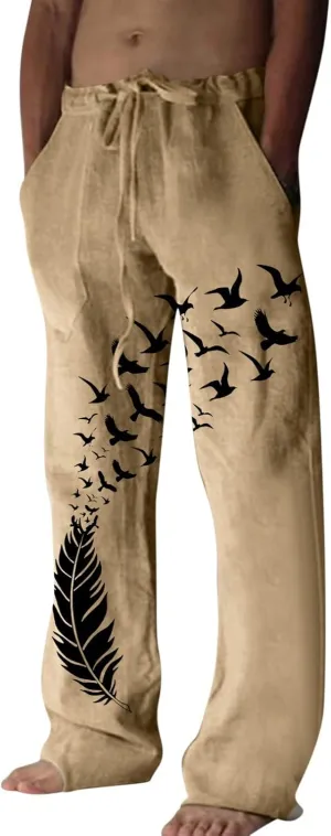 Men's Bird Print Japanese Pants Summer Beach Pants Feather Print Harem Pants Gym Running Workout Pants Streetwear