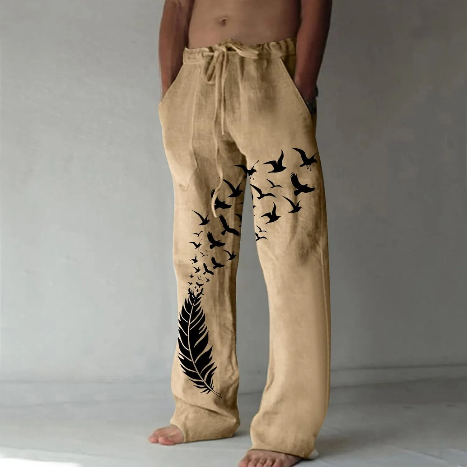 Men's Bird Print Japanese Pants Summer Beach Pants Feather Print Harem Pants Gym Running Workout Pants Streetwear