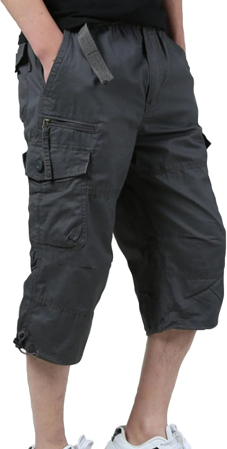 Mens Cargo Shorts 3/4 Relaxed Fit Army Tactical Running Shorts 7 Pockets Elastic Waist Cotton Sports Hiking Pants 2024 Trend