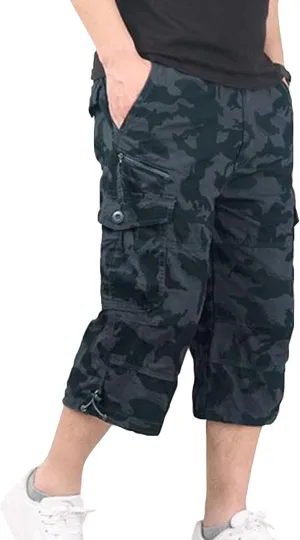 Mens Cargo Shorts 3/4 Relaxed Fit Army Tactical Running Shorts 7 Pockets Elastic Waist Cotton Sports Hiking Pants 2024 Trend