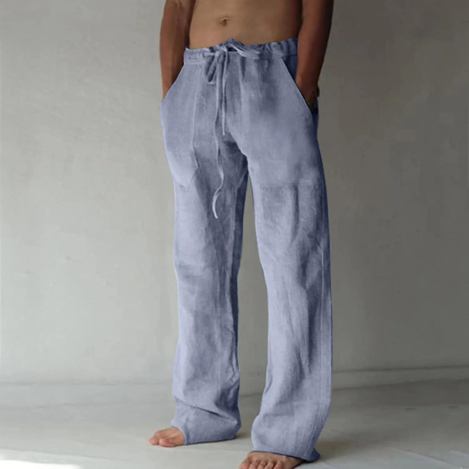 Mens Casual Pants Linen Pants Relaxed-Fit Beach Pants Summer Yoga Pants Drawstring Elastic Waist Pants