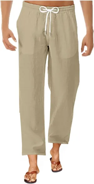 Mens Casual Pants Linen Pants Relaxed-Fit Beach Trousers Summer Yoga Pants Soft Elastic Waist Pants
