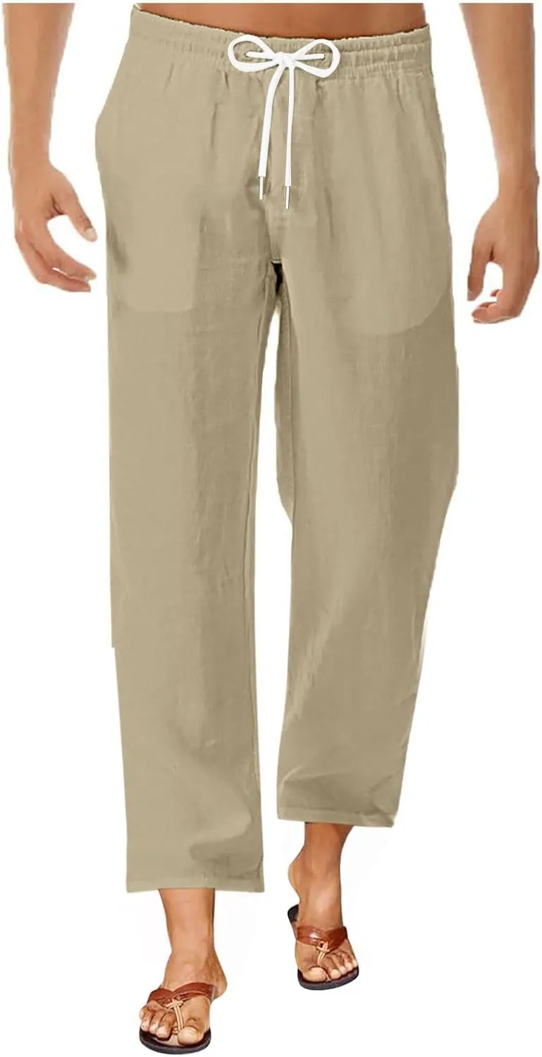 Mens Casual Pants Linen Pants Relaxed-Fit Beach Trousers Summer Yoga Pants Soft Elastic Waist Pants