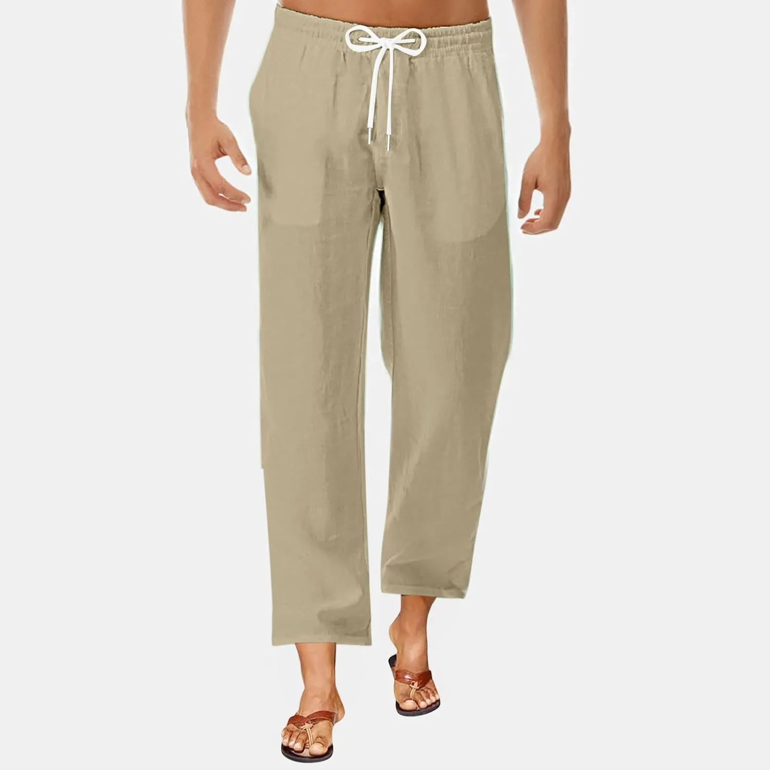 Mens Casual Pants Linen Pants Relaxed-Fit Beach Trousers Summer Yoga Pants Soft Elastic Waist Pants