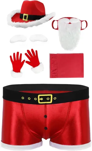 Men's Christmas Lingerie Boxer Briefs Santa Claus Patent Leather Underwear and Accessories Set