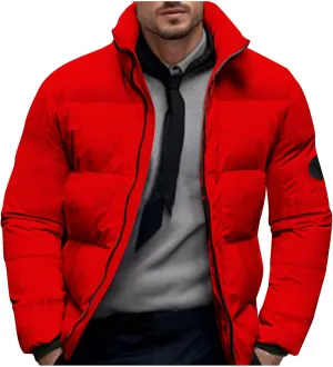 Men's Cotton Padded Puffer Jacket Winter Warm Down Coats Stand Collar Waterproof Outerwear with Pockets
