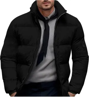 Men's Cotton Padded Puffer Jacket Winter Warm Down Coats Stand Collar Waterproof Outerwear with Pockets