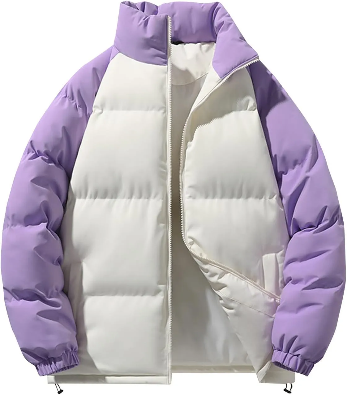 Men's Down Puffer Jacket Winter Warm Coats Color Block Stand Collar Cotton Padded Windproof Outerwear