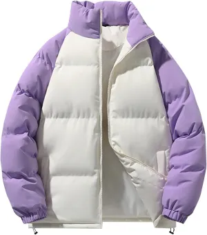 Men's Down Puffer Jacket Winter Warm Coats Color Block Stand Collar Cotton Padded Windproof Outerwear
