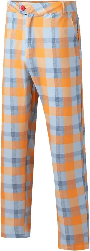Mens Fashion Plaid Stretch Dress Pants Business Straight Leg Slim Fit Flat-Front Chino Pant Checkered Work Suit Pants