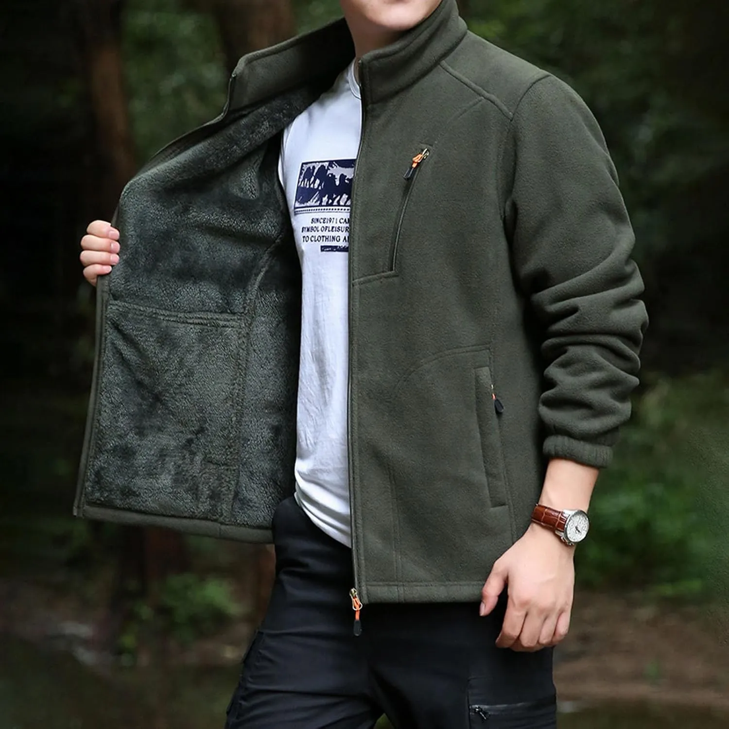 Men's Full-Zip Fleece Tactical Jackets Mock Neck Sweatshirt Softshell Windbreaker Outdoor Coats with Zip Pockets