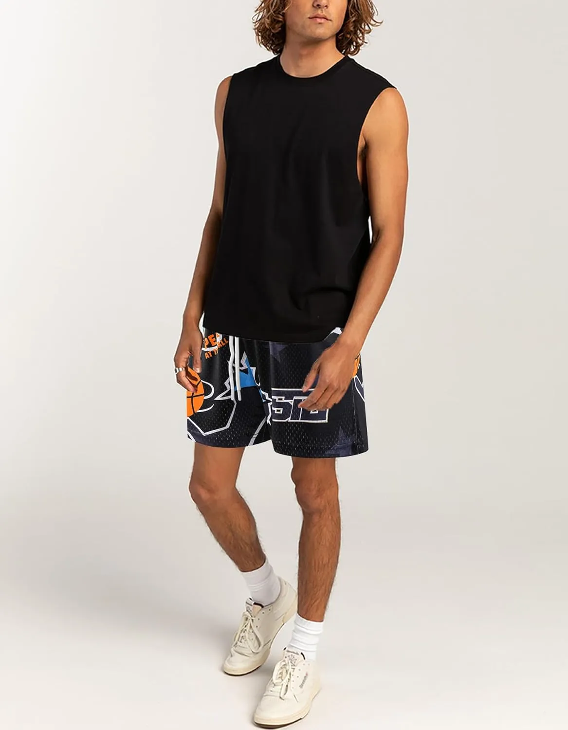 Men's Graphic Print Shorts Retro Basketball Shorts Cool Mesh Shorts