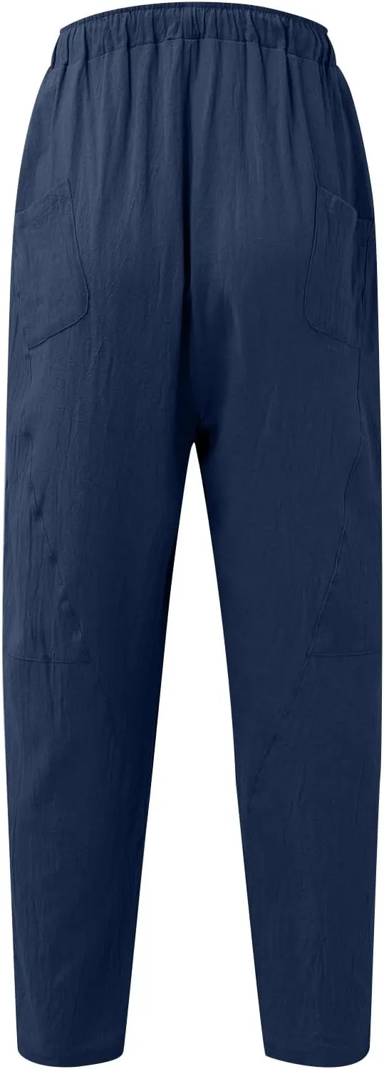 Mens Hiking Pants Lightweight Linen Pants Elastic Waist Drawstring Pants Summer Beach Pant Casual Baggy Pants