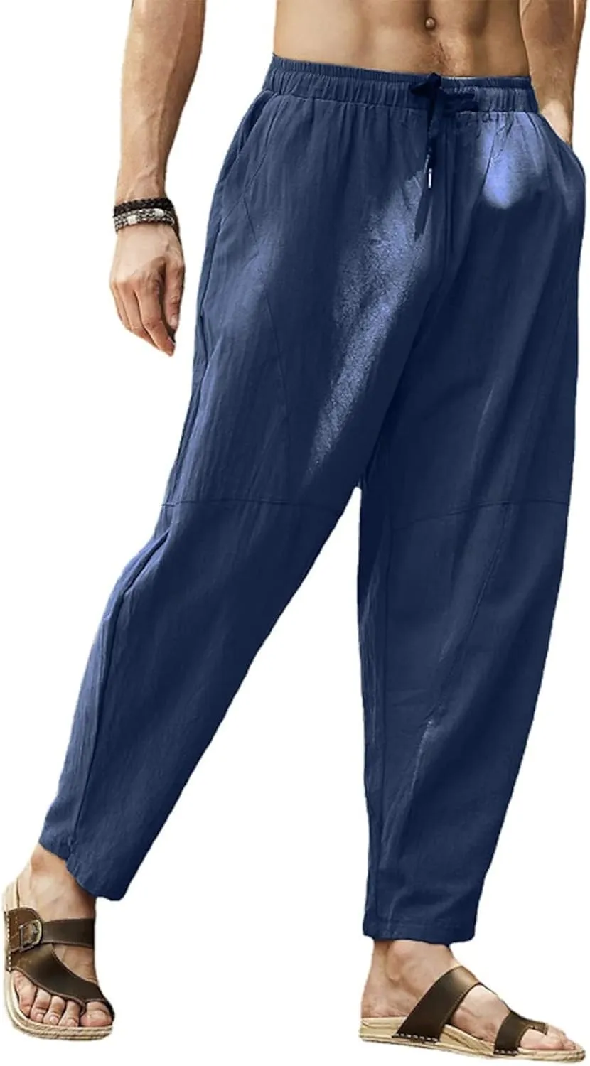 Mens Hiking Pants Lightweight Linen Pants Elastic Waist Drawstring Pants Summer Beach Pant Casual Baggy Pants