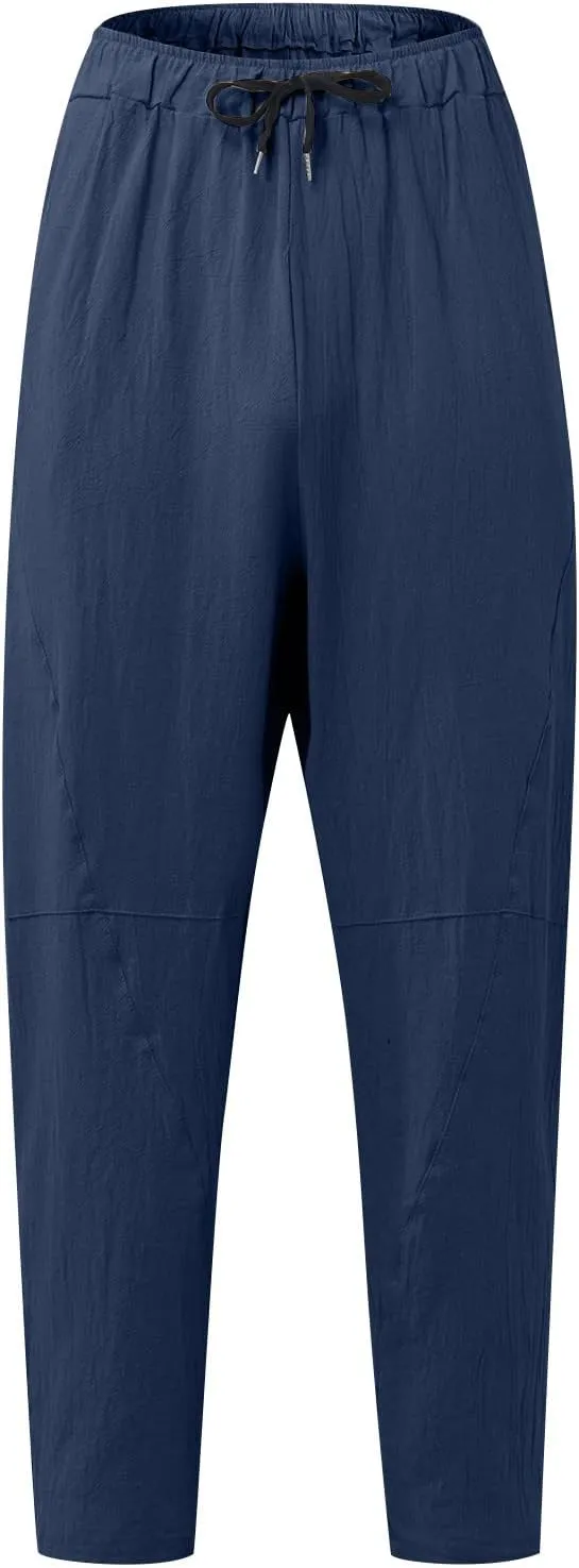 Mens Hiking Pants Lightweight Linen Pants Elastic Waist Drawstring Pants Summer Beach Pant Casual Baggy Pants