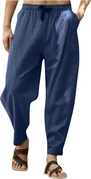Mens Hiking Pants Lightweight Linen Pants Elastic Waist Drawstring Pants Summer Beach Pant Casual Baggy Pants