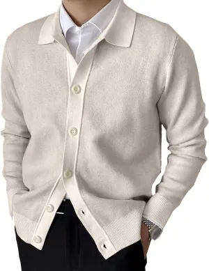 Men's Lapel Cardigan Sweater Knit Polo Long Sleeve Button Cardigans Slim Fit Casual Ribbed Knitted Jacket
