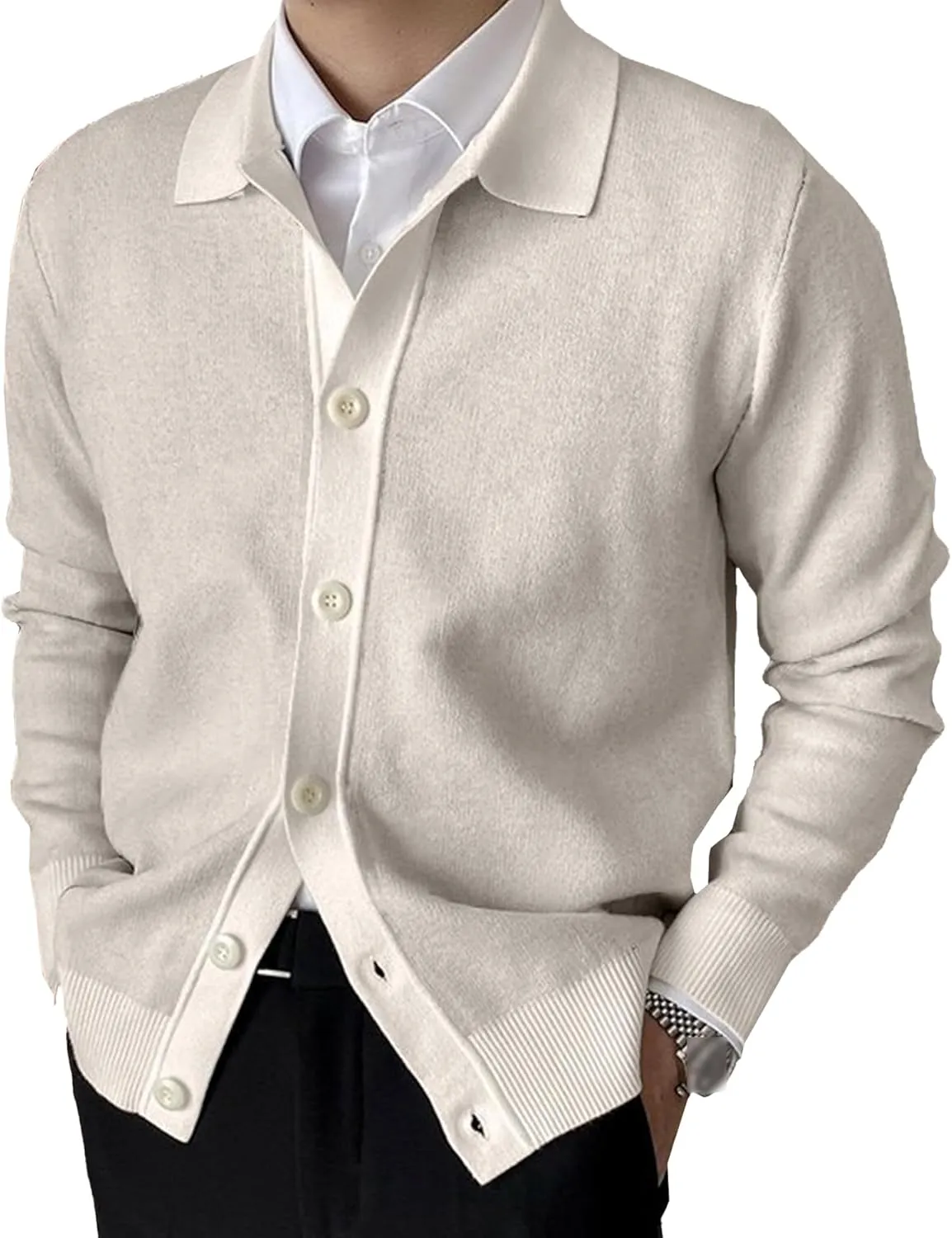 Men's Lapel Cardigan Sweater Knit Polo Long Sleeve Button Cardigans Slim Fit Casual Ribbed Knitted Jacket