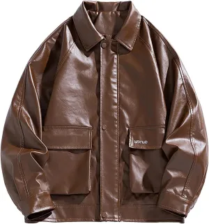 Mens Leather Jacket Vintage Oversized Windproof Motorcycle Jackets Loose Casual Long Sleeve Buttons Waterproof Coats