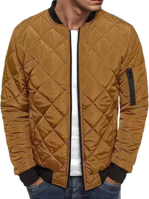 Men's Rhombic Cotton-Padded Jacket Solid Color Loose Jacket Arm Zipper Coat Warm Autumn Winter