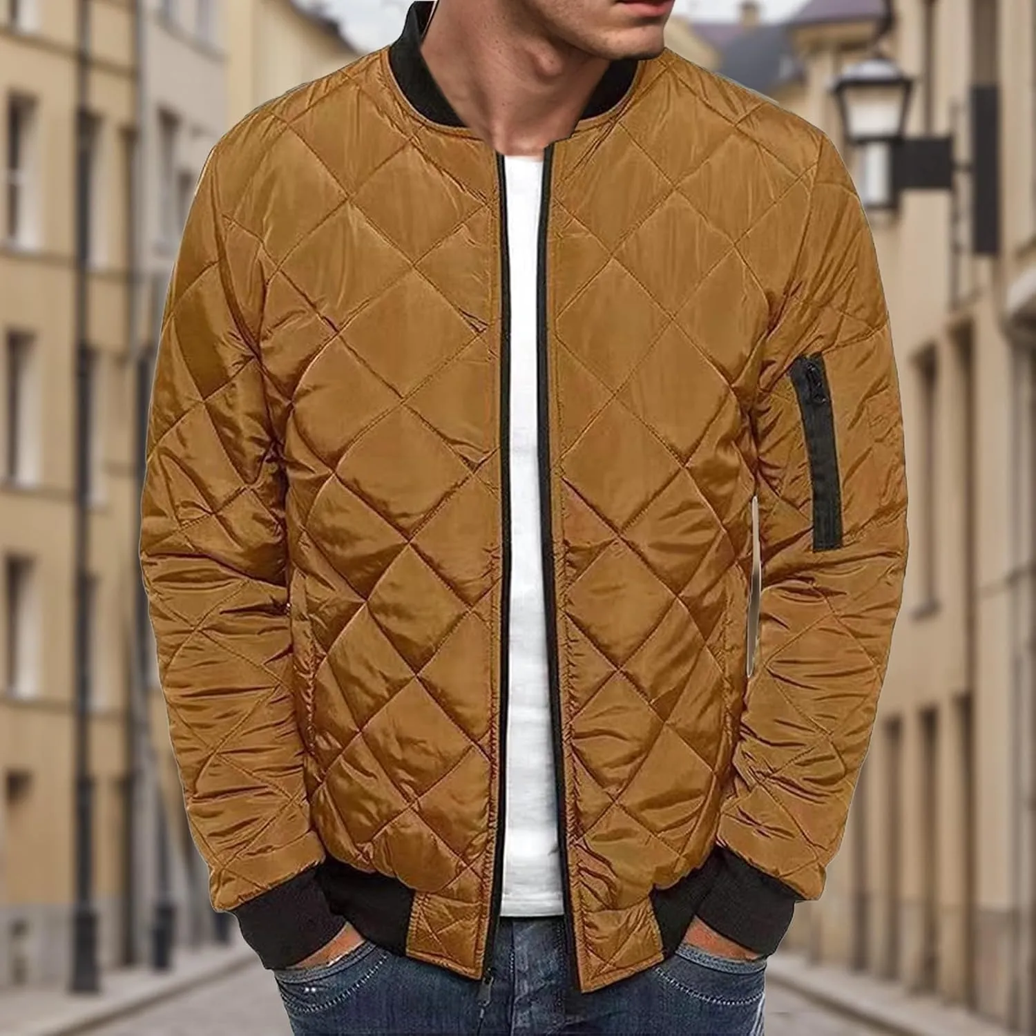Men's Rhombic Cotton-Padded Jacket Solid Color Loose Jacket Arm Zipper Coat Warm Autumn Winter
