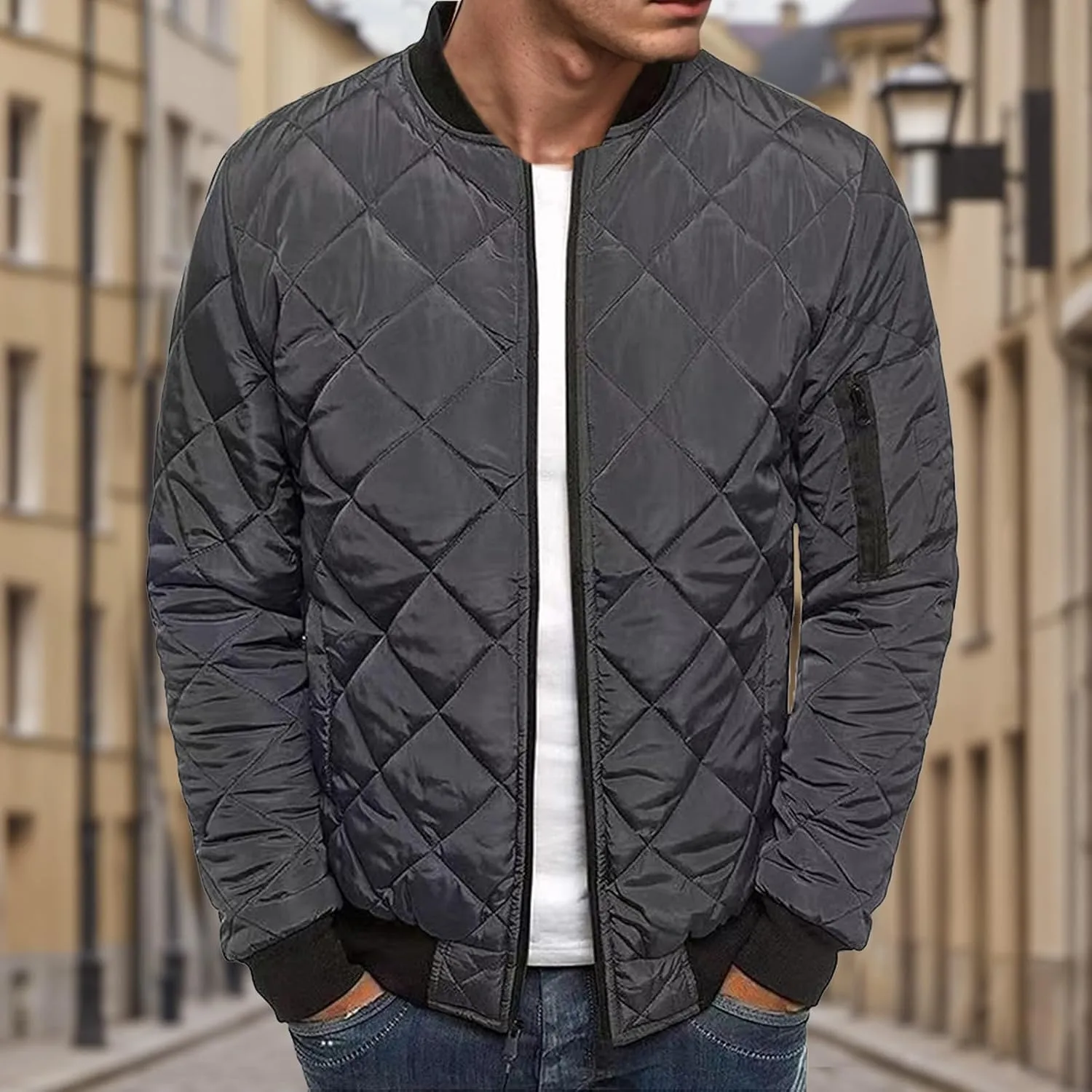 Men's Rhombic Cotton-Padded Jacket Solid Color Loose Jacket Arm Zipper Coat Warm Autumn Winter