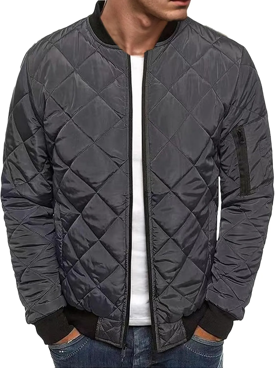 Men's Rhombic Cotton-Padded Jacket Solid Color Loose Jacket Arm Zipper Coat Warm Autumn Winter