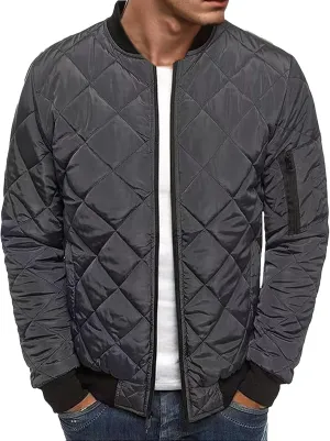 Men's Rhombic Cotton-Padded Jacket Solid Color Loose Jacket Arm Zipper Coat Warm Autumn Winter