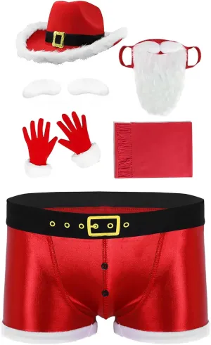 Men's Santa Claus Costume Patent Leather Print Boxer Shorts Boxer Briefs Xmas Party Outfit
