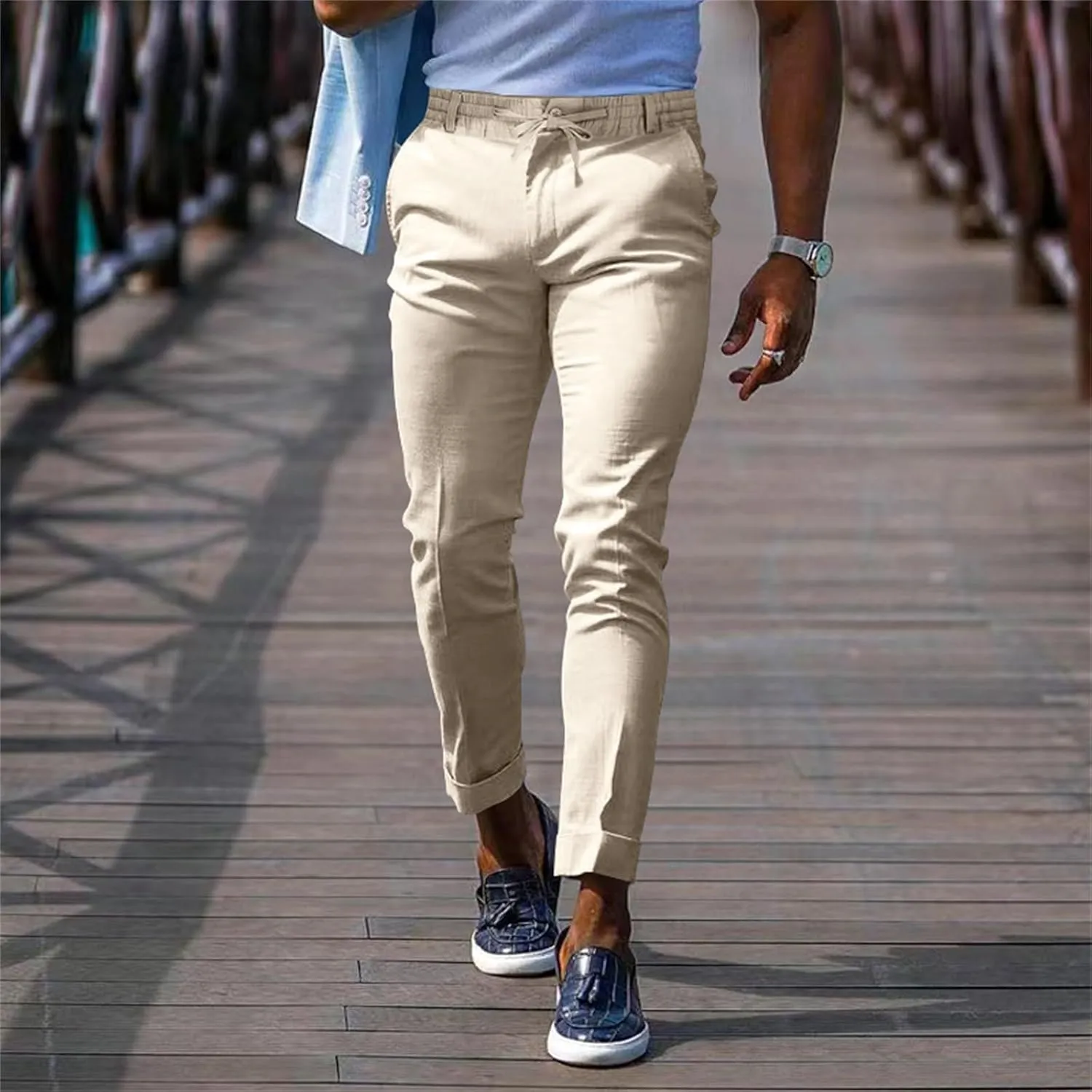 Mens Slim Fit Stretchy Casual Pants with Drawstrings Breathable Tapered Chino Pants for Work Flat Front Casual Golf Pant