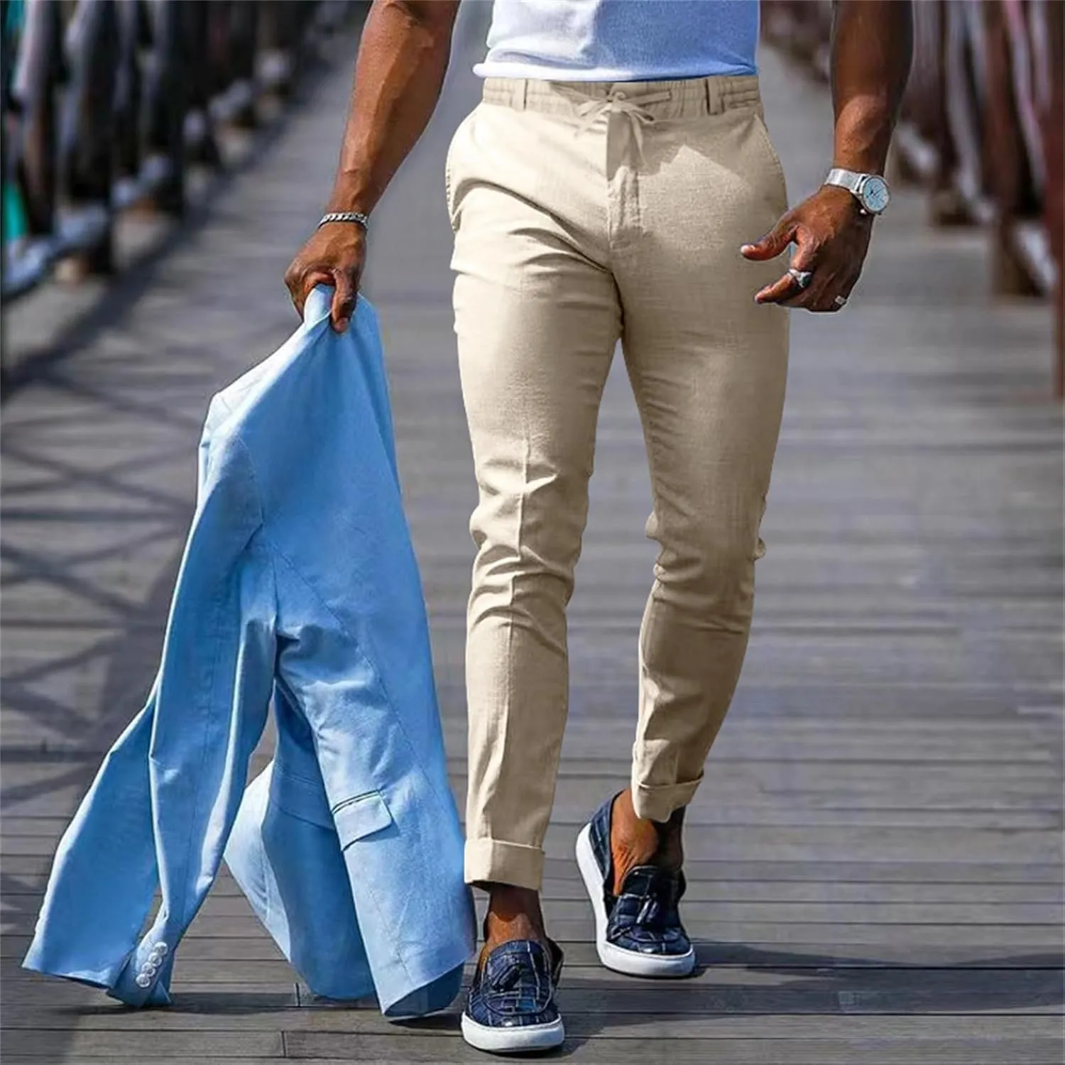 Mens Slim Fit Stretchy Casual Pants with Drawstrings Breathable Tapered Chino Pants for Work Flat Front Casual Golf Pant