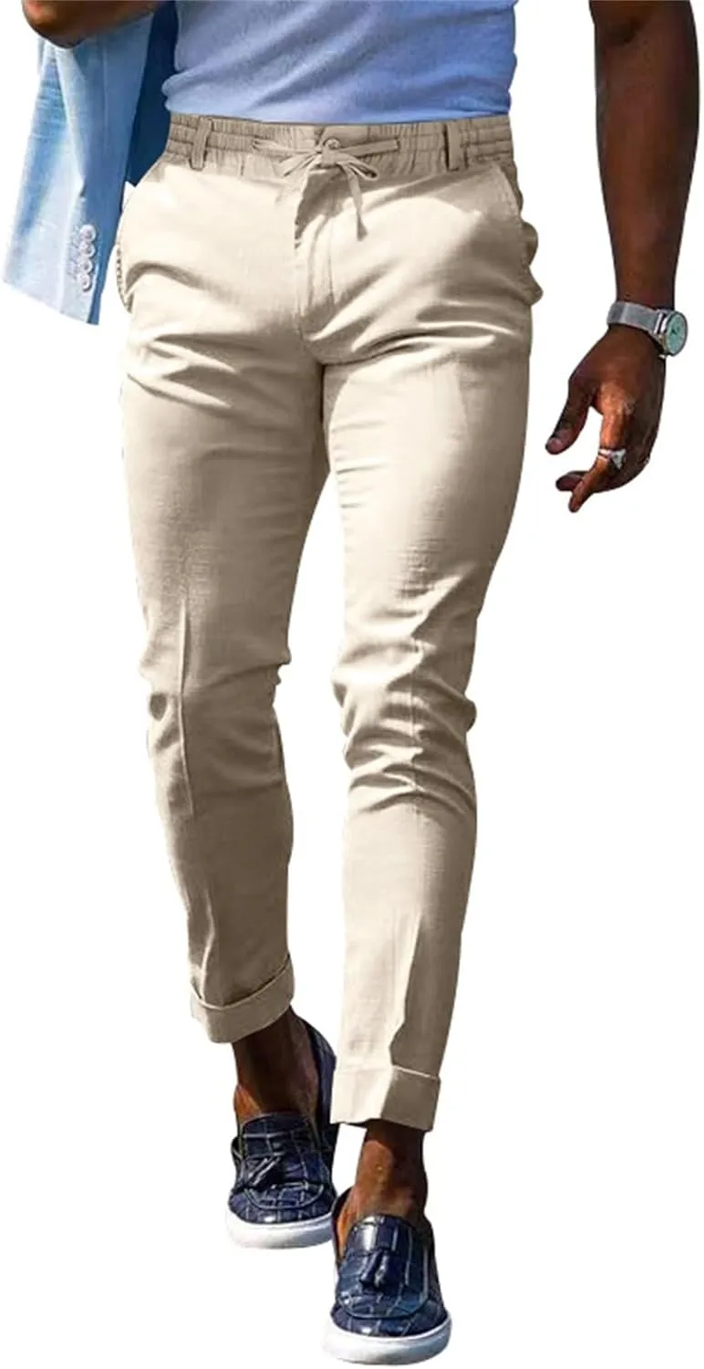 Mens Slim Fit Stretchy Casual Pants with Drawstrings Breathable Tapered Chino Pants for Work Flat Front Casual Golf Pant