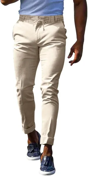 Mens Slim Fit Stretchy Casual Pants with Drawstrings Breathable Tapered Chino Pants for Work Flat Front Casual Golf Pant