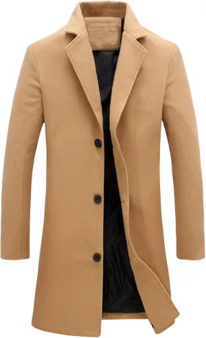 Mens Slim Fit Trench Coat Notched Collar Overcoats Single Breasted Pea Coat Warm Fall Winter Soft Overcoat for Men