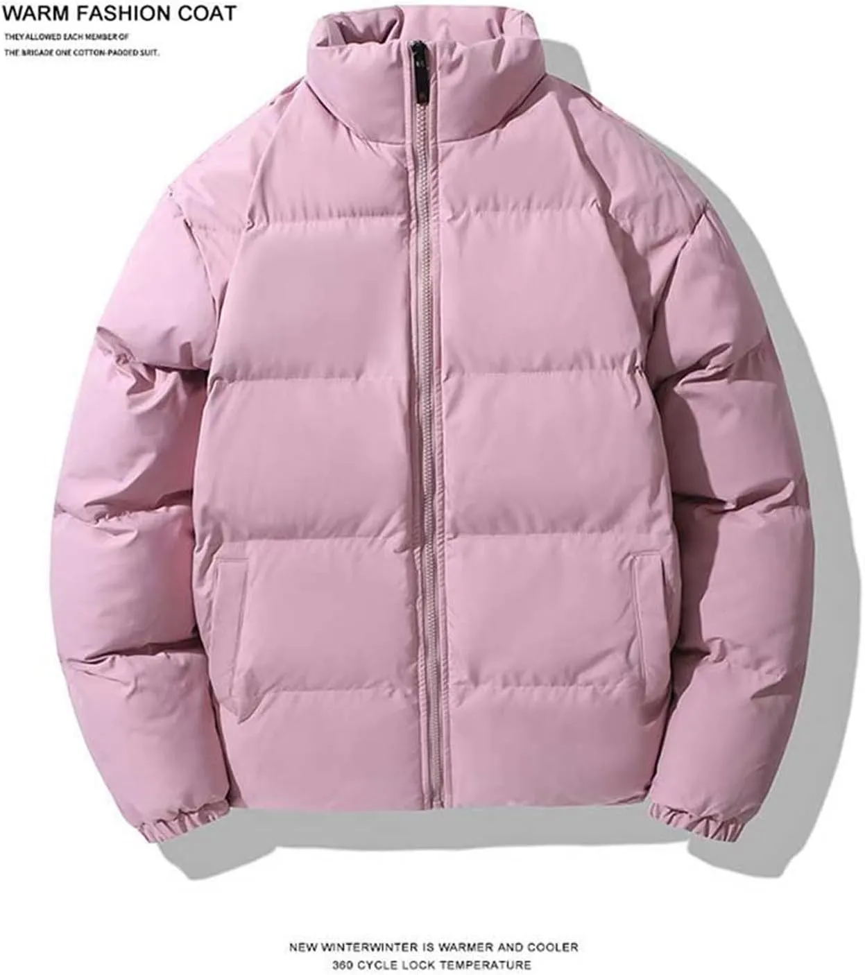 Men's Snap Front Puffer Jacket Men's Winter Thickened Solid Color Casual Loose Stand Up Collar Warm Winter Coats Men