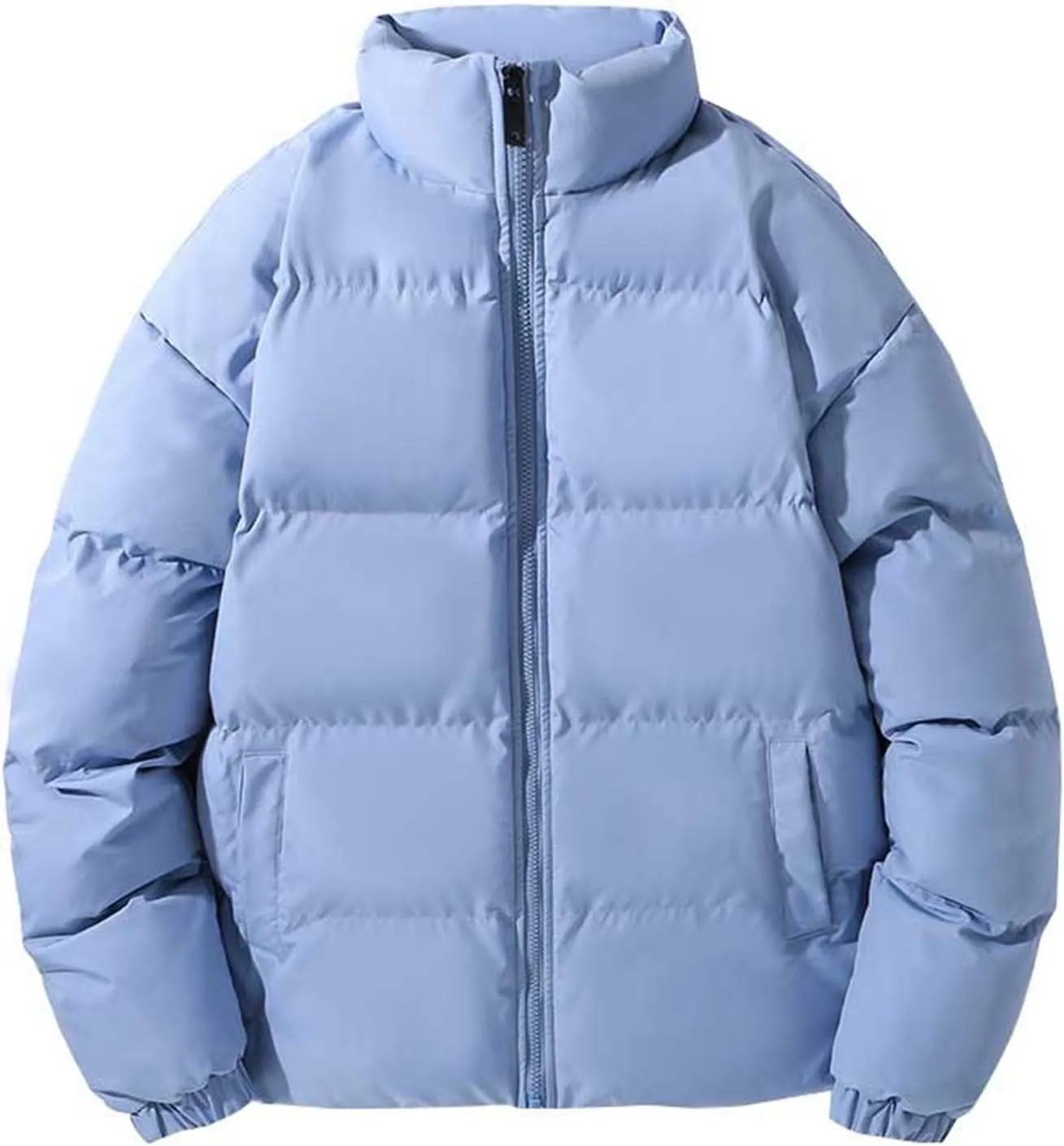 Men's Snap Front Puffer Jacket Men's Winter Thickened Solid Color Casual Loose Stand Up Collar Warm Winter Coats Men