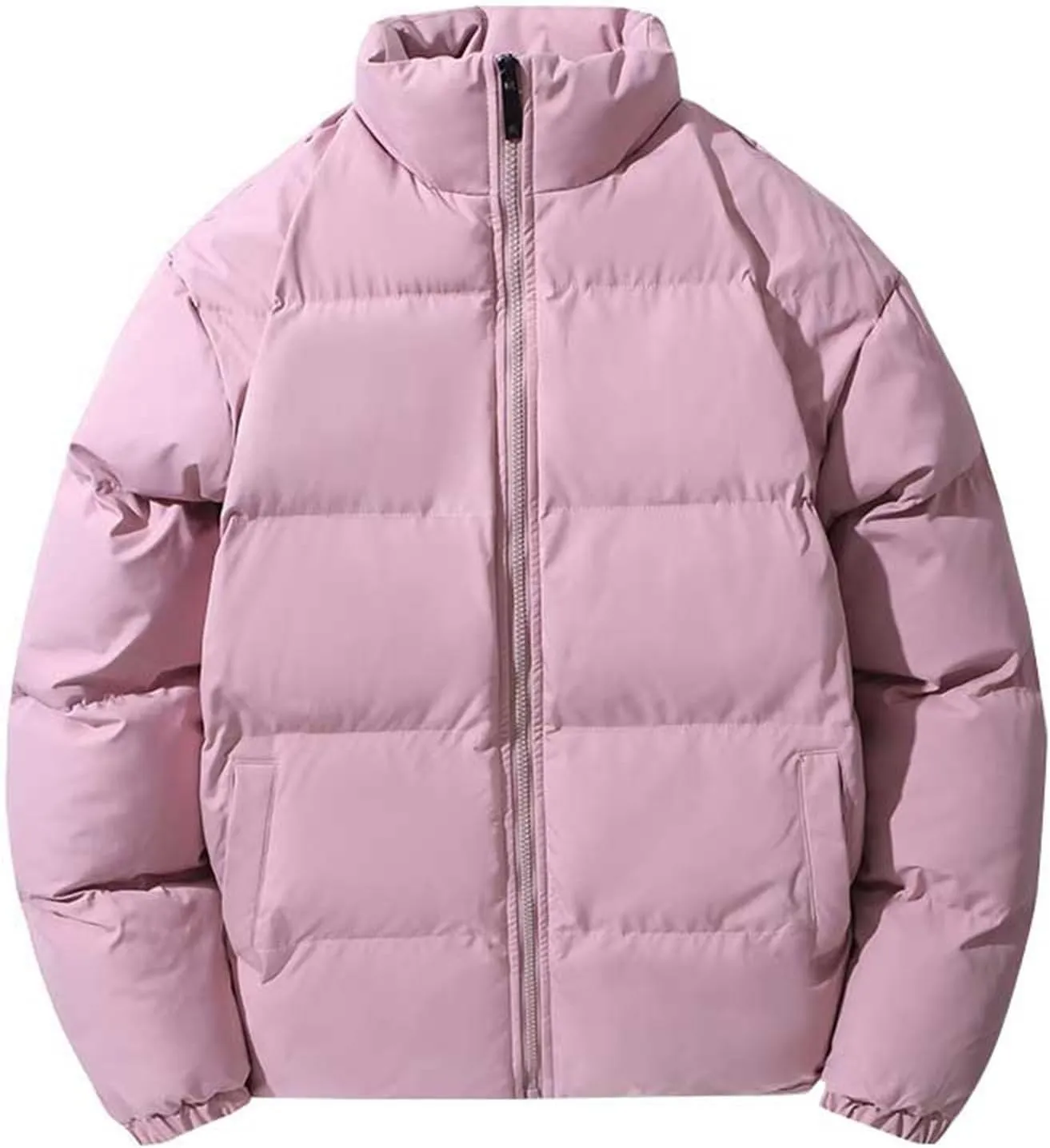 Men's Snap Front Puffer Jacket Men's Winter Thickened Solid Color Casual Loose Stand Up Collar Warm Winter Coats Men