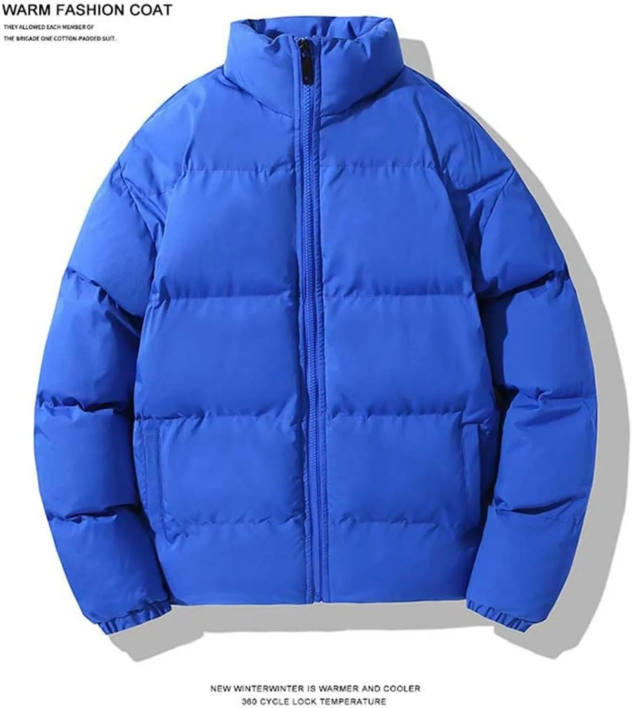 Men's Snap Front Puffer Jacket Men's Winter Thickened Solid Color Casual Loose Stand Up Collar Warm Winter Coats Men