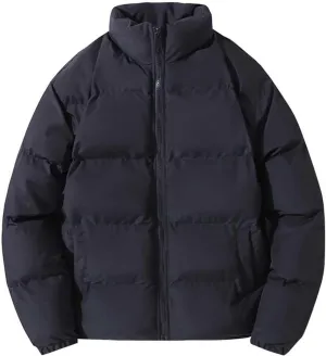 Men's Snap Front Puffer Jacket Men's Winter Thickened Solid Color Casual Loose Stand Up Collar Warm Winter Coats Men