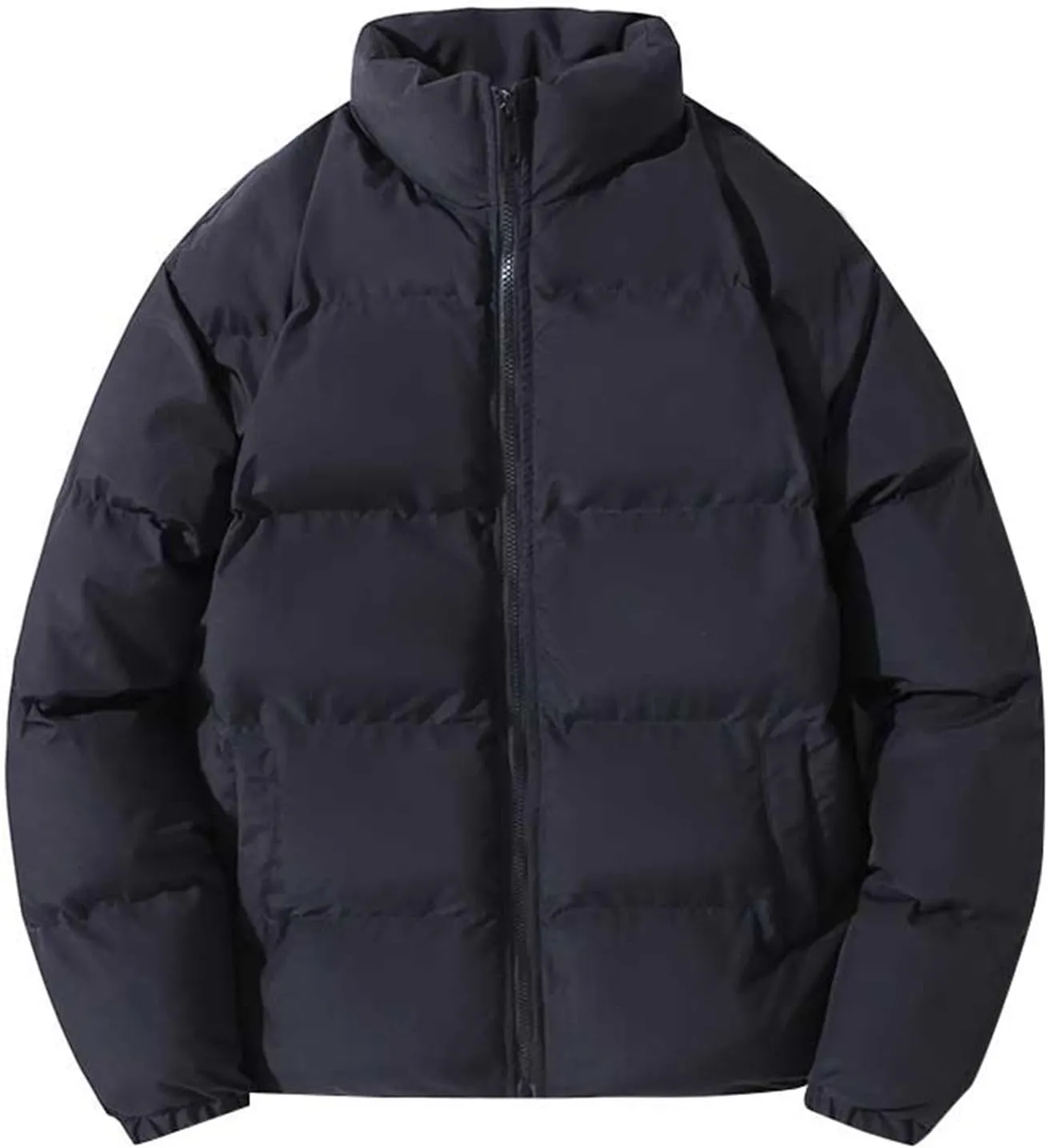 Men's Snap Front Puffer Jacket Men's Winter Thickened Solid Color Casual Loose Stand Up Collar Warm Winter Coats Men