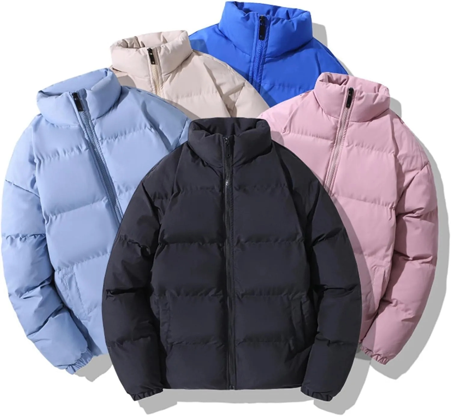 Men's Snap Front Puffer Jacket Men's Winter Thickened Solid Color Casual Loose Stand Up Collar Warm Winter Coats Men