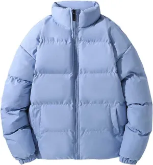 Men's Snap Front Puffer Jacket Men's Winter Thickened Solid Color Casual Loose Stand Up Collar Warm Winter Coats Men