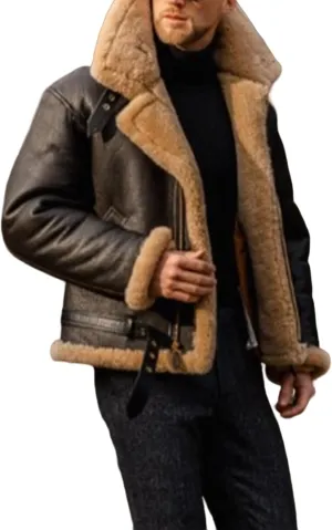 Mens Winter Jacket Faux Suede Aviator Bomber Jacket Warm Shearling Leather Coat Zip Up Vintage Motorcycle Coat for Men