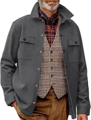 Men's Winter Trench Jacket Loose Fit Wool Blend Single Breasted Pea Coat Lapels Button Up Jacket Long Sleeve Polar Fleece