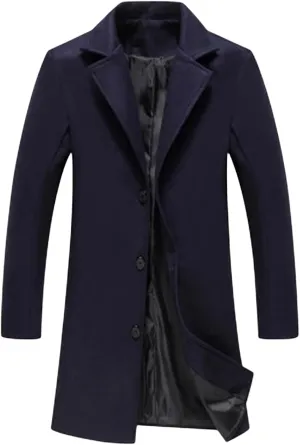 Men's Wool Blend Pea Coat Notched Collar Single Breasted Coats Warm Winter Trench Overcoat